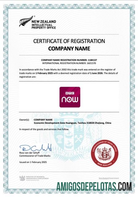 Certificado de registro da Nova Zelândia para download, modelo Word e PDF